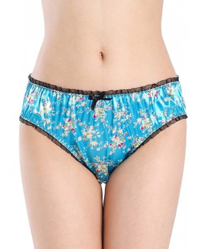 Panties Women's Floral Satin Tanga Bikini Briefs Panties Knickers - Aqua Blue - CD199Q2T0TS