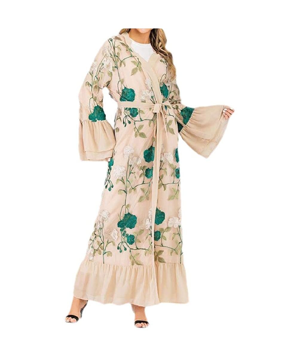 Robes Women's Dubai Muslim Stylish Floral Print Arab Islamic Kaftan Long Dress - Khaki - CE1999QOTX2