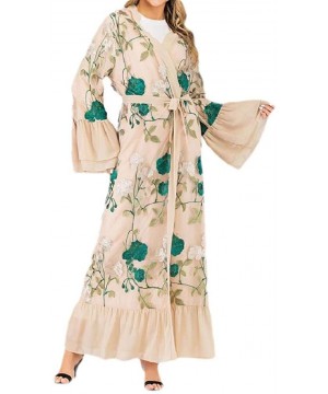 Robes Women's Dubai Muslim Stylish Floral Print Arab Islamic Kaftan Long Dress - Khaki - CE1999QOTX2