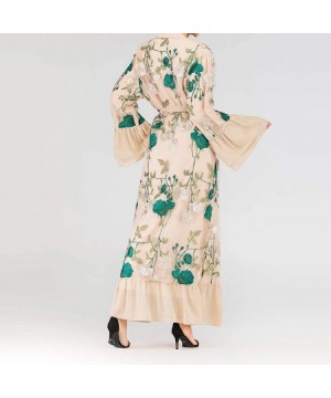 Robes Women's Dubai Muslim Stylish Floral Print Arab Islamic Kaftan Long Dress - Khaki - CE1999QOTX2