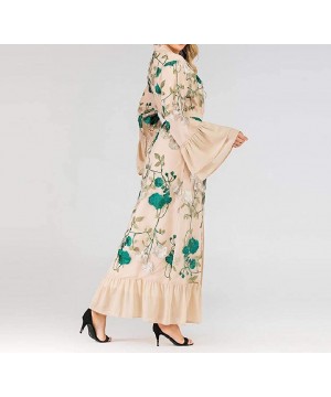 Robes Women's Dubai Muslim Stylish Floral Print Arab Islamic Kaftan Long Dress - Khaki - CE1999QOTX2