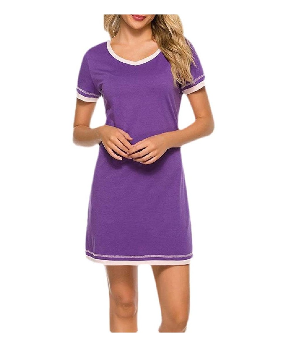 Nightgowns & Sleepshirts Women Casual Nightshirt Home Wear V-Neck Loungewear Short Sleeve Nightgowns - Purple - CE19DE0KWNU