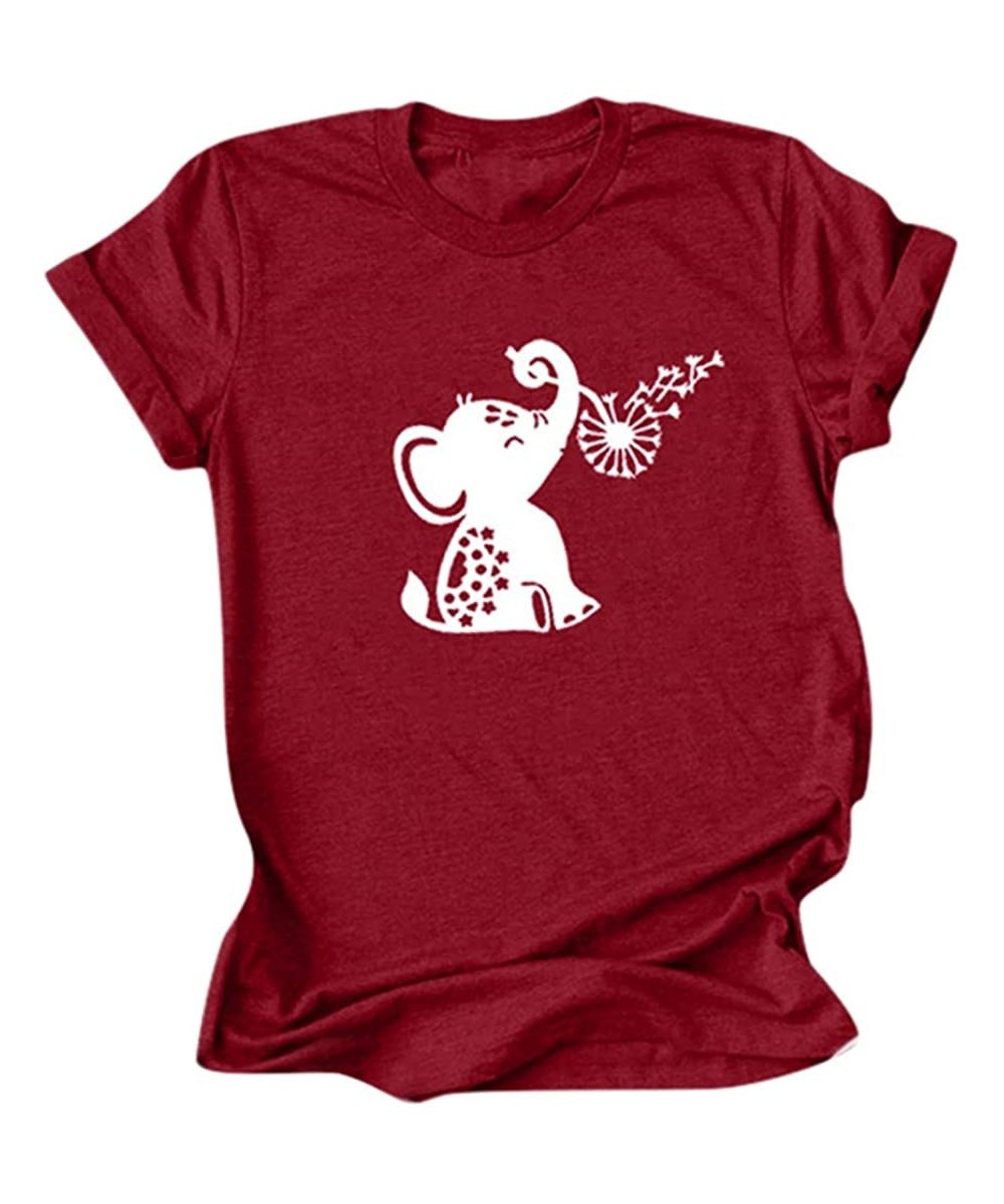 Shapewear Women's Graphic Tees Cute Elephant Print Summer Casual Short Sleeve Round Neck Tops T Shirt - Wine - C5196RLNOHS