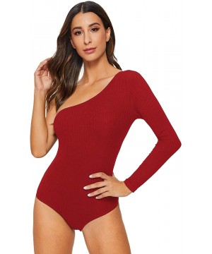 Shapewear Women's Sexy One Shoulder Off Rib Knit Thong Bodysuit - Red - C2192D4RGN5