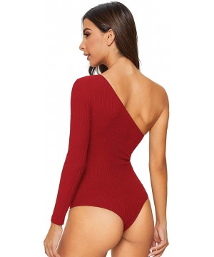 Shapewear Women's Sexy One Shoulder Off Rib Knit Thong Bodysuit - Red - C2192D4RGN5