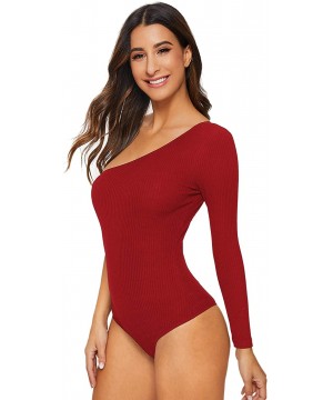 Shapewear Women's Sexy One Shoulder Off Rib Knit Thong Bodysuit - Red - C2192D4RGN5