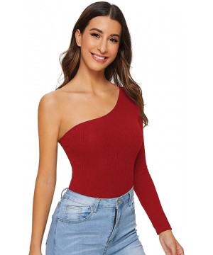 Shapewear Women's Sexy One Shoulder Off Rib Knit Thong Bodysuit - Red - C2192D4RGN5