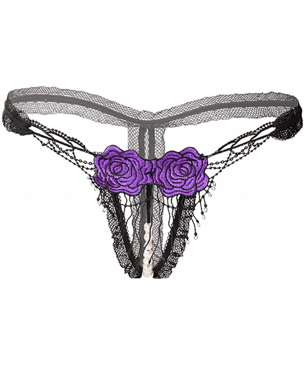 Sets Sexy Pendant Pearl G String Women Panties Embroidery Flowers Low Waist Thongs Underwear Panties - Purple - CS194W3KILR