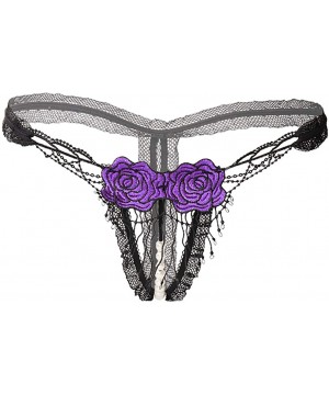 Sets Sexy Pendant Pearl G String Women Panties Embroidery Flowers Low Waist Thongs Underwear Panties - Purple - CS194W3KILR