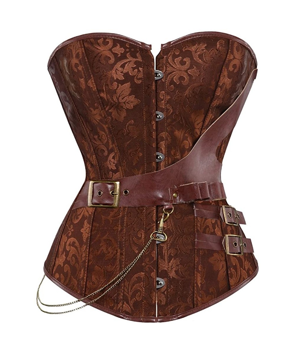 Bustiers & Corsets Women's Punk Rock Faux Leather Steampunk Corset Set Retro Goth Overbust Steel Bustier with Skirt - Brown -...