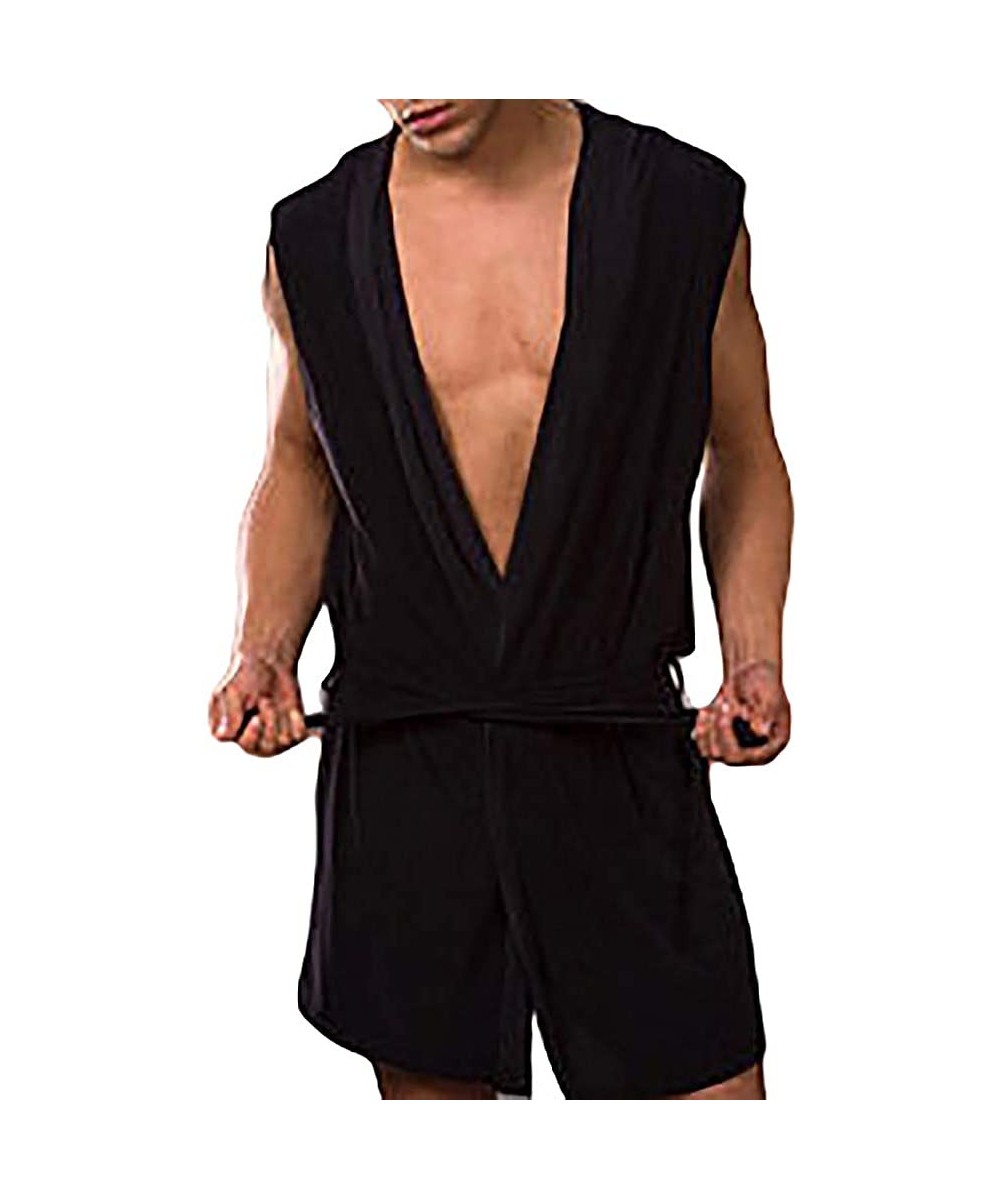 Robes Fashion Men's Bathrobe Sleeveless Hooded Spring Summer Sleepwear Nightgown Robe - Black - CU18SYNO9HR