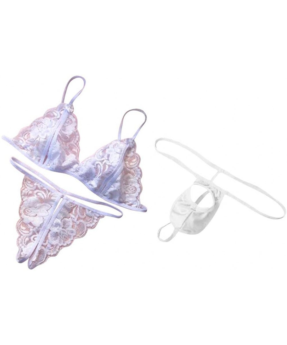 Baby Dolls & Chemises Men's and Women's Valentine's Day Couple Lace Thong Underwear Three-Piece - White - CV198UG8GW8