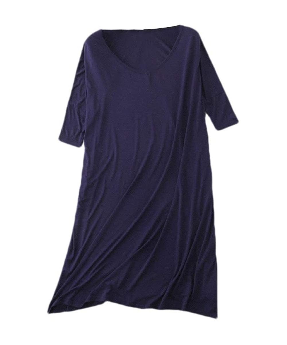 Tops Women Mid-Length V Neck Solid Plus-Size Half Sleeve Fitted Loungewear - Navy Blue - C5190X9MMXK