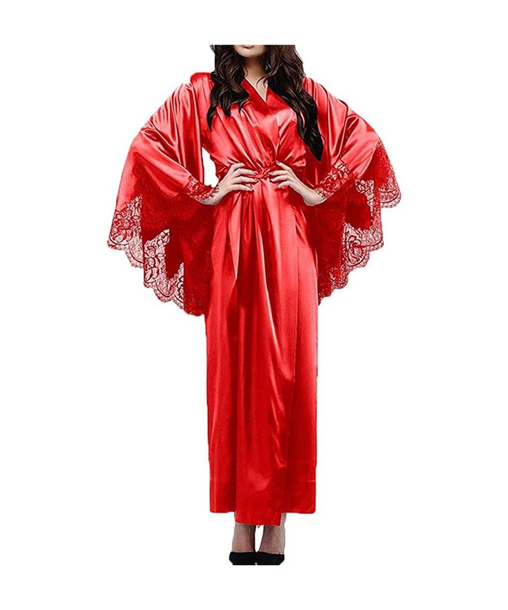 Robes Women Lace Satin Long Robe Solid Lace Trim Long Sleeve Sleepwear Kimono Bathrobe Casual Pajamas - Red - CN193IAHK3M