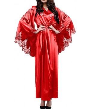 Robes Women Lace Satin Long Robe Solid Lace Trim Long Sleeve Sleepwear Kimono Bathrobe Casual Pajamas - Red - CN193IAHK3M