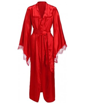 Robes Women Lace Satin Long Robe Solid Lace Trim Long Sleeve Sleepwear Kimono Bathrobe Casual Pajamas - Red - CN193IAHK3M