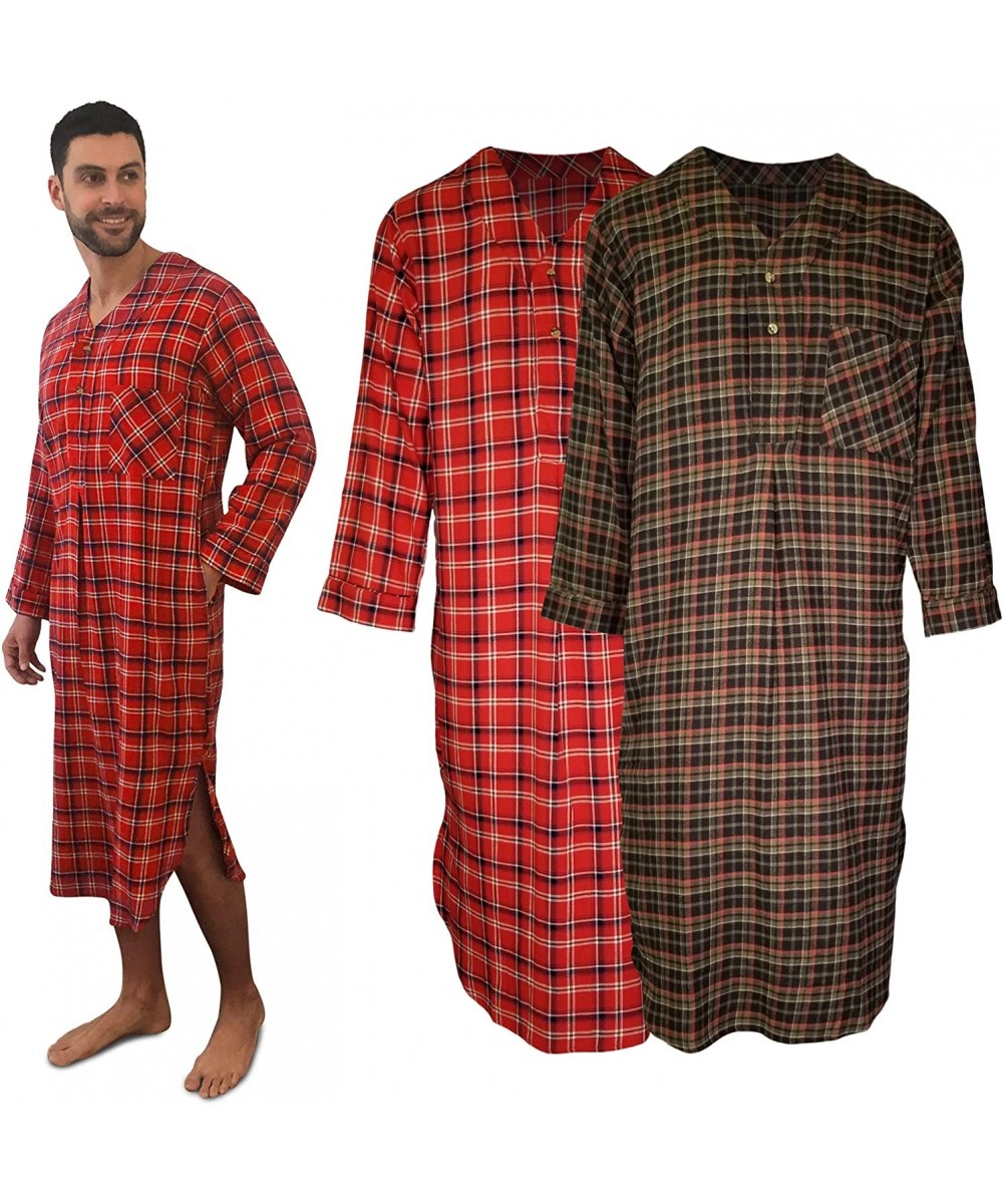 Sleep Sets Men's 2 Pack Lightweight Cotton Flannel Sleep Shirt- Long Henley Nightshirt Pajamas - 2 Pack- Assorted Classic Pla...