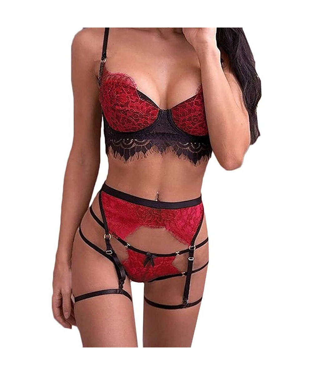 Baby Dolls & Chemises Women Lace Lingerie Set Sexy Lingerie Garter Belts Strap Babydoll Bra Panty Set - Red - CE18YQ76LKG