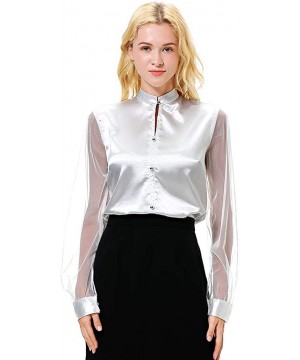 Thermal Underwear Women Vintage Solid Mandarin Collar Long Sleeve Top Casual Simulation Silk Shirt - A-white - CZ19775YXC5