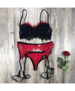 Baby Dolls & Chemises Women Lace Lingerie Set Sexy Lingerie Garter Belts Strap Babydoll Bra Panty Set - Red - CE18YQ76LKG