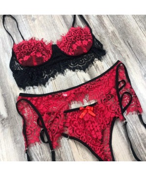 Baby Dolls & Chemises Women Lace Lingerie Set Sexy Lingerie Garter Belts Strap Babydoll Bra Panty Set - Red - CE18YQ76LKG