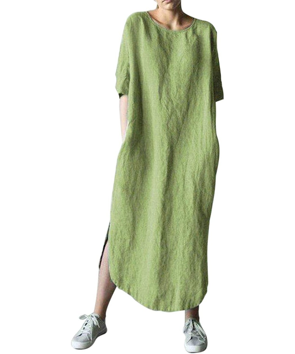 Nightgowns & Sleepshirts Women's Maxi Dress Solid Plus Size Loose Cotton Linen Long Dresses with Pockets - Green - CC18SAZ27WT