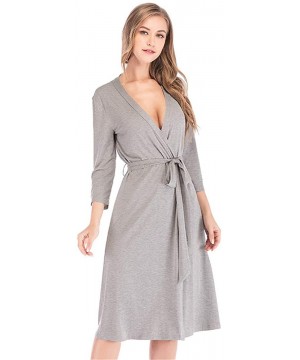 Robes Women Soft Cotton Modal Robe V Neck 3/4 Sleeves Short Loungewear Kimono Sleepwear - Grey - CM197NRMOD5