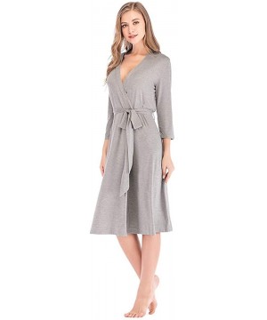 Robes Women Soft Cotton Modal Robe V Neck 3/4 Sleeves Short Loungewear Kimono Sleepwear - Grey - CM197NRMOD5