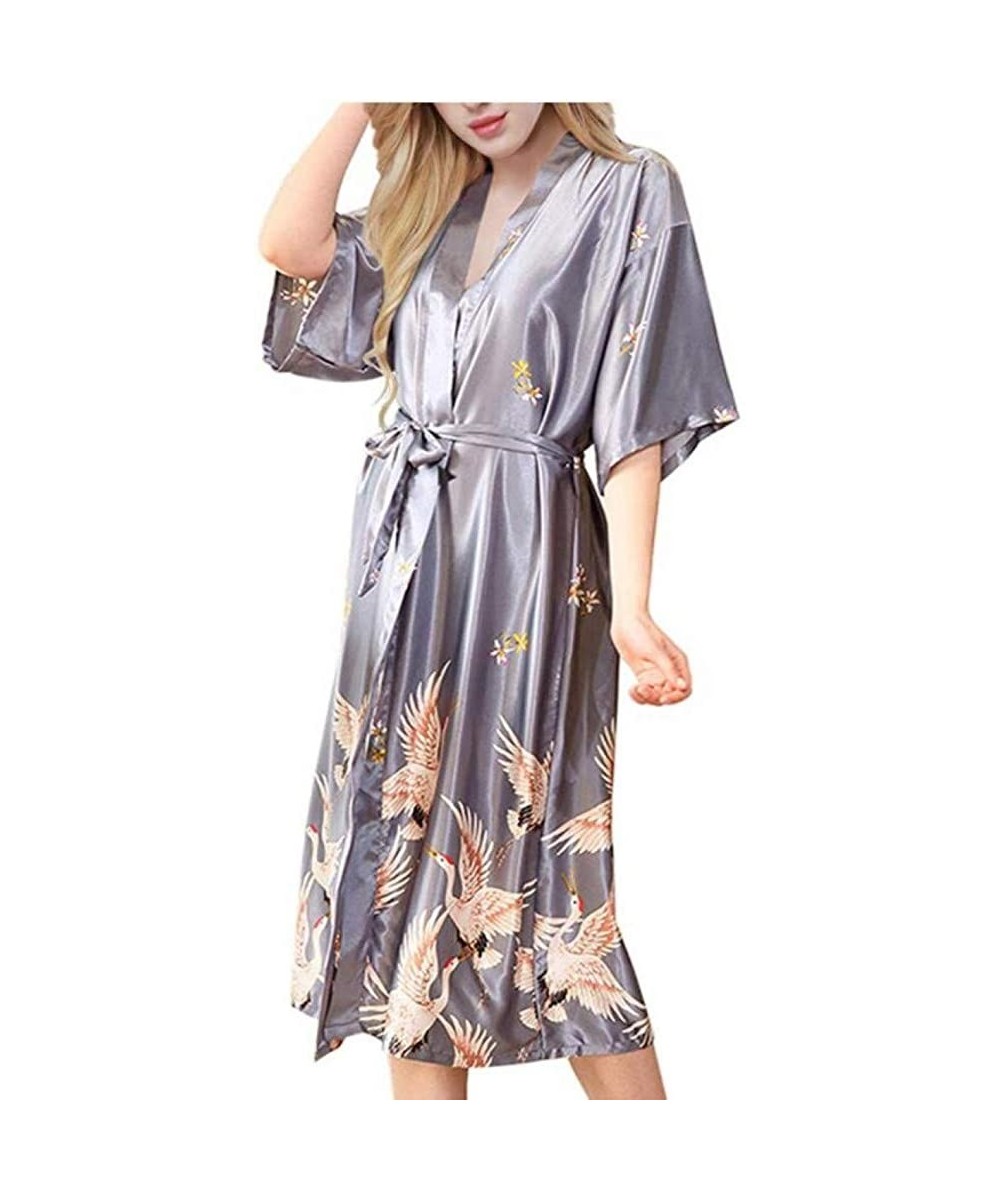 Robes Gray Satin Long Bathrobe Women Wedding Bride Bridesmaid Robe Nightgown Sleepwear Print Crane Kimono S M L XL XXL XXXL -...