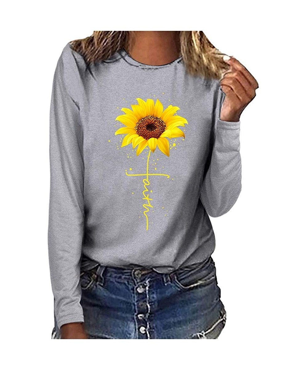 Thermal Underwear Womens Casual Sunflower Print T-Shirt O-Neck Long Sleeve Top Loose Blouse - Gray - C418XZNMTS8