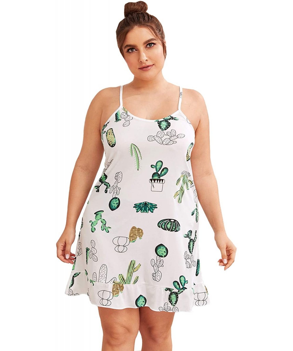 Nightgowns & Sleepshirts Women's Plus Size Cute Printed Cami Sleepdress Nightdress Sleepwear - White - CY19C8AGQQM