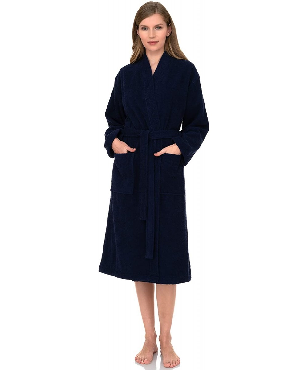 Robes Women's Robe Turkish Cotton Terry Kimono Bathrobe Made in Turkey - Blue Depths - C418T9SQ474