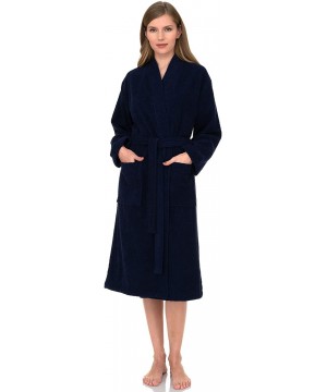 Robes Women's Robe Turkish Cotton Terry Kimono Bathrobe Made in Turkey - Blue Depths - C418T9SQ474