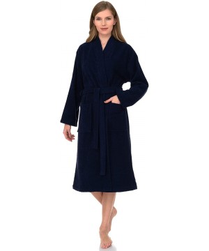 Robes Women's Robe Turkish Cotton Terry Kimono Bathrobe Made in Turkey - Blue Depths - C418T9SQ474