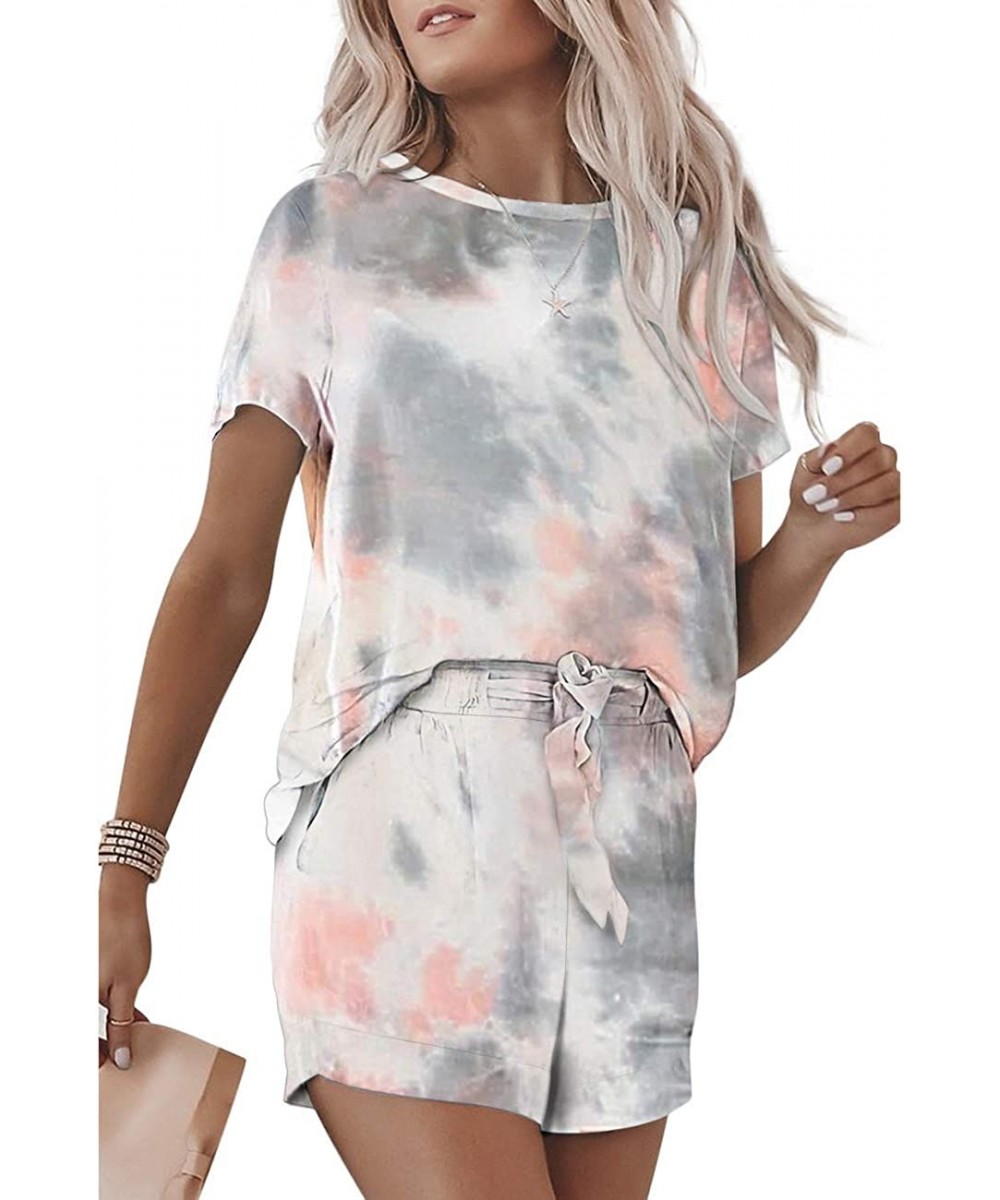 Sets Tie Dye Printed Short Pajamas Set Short Sleeve PJ Set Casual Sleepwear Loungewear for Women - 5 Gray - CR1987WR7LK