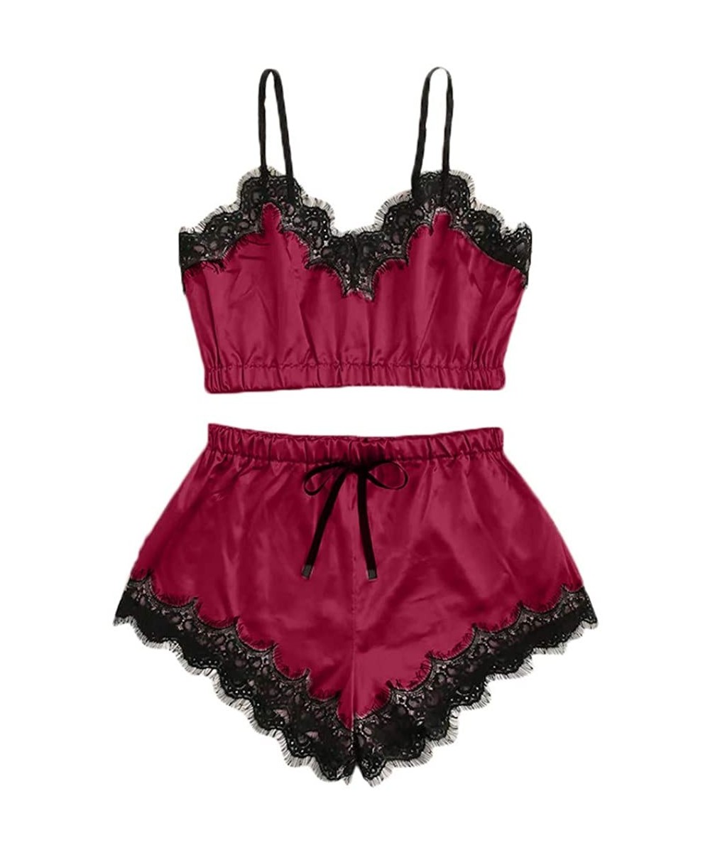 Sets Women's Flower Lace Satin Sleepwear Plus Size V Neck Cami Top and Shorts Pajama Set Nighty Set - Wine 3 - CD1952H32ZZ