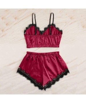 Sets Women's Flower Lace Satin Sleepwear Plus Size V Neck Cami Top and Shorts Pajama Set Nighty Set - Wine 3 - CD1952H32ZZ