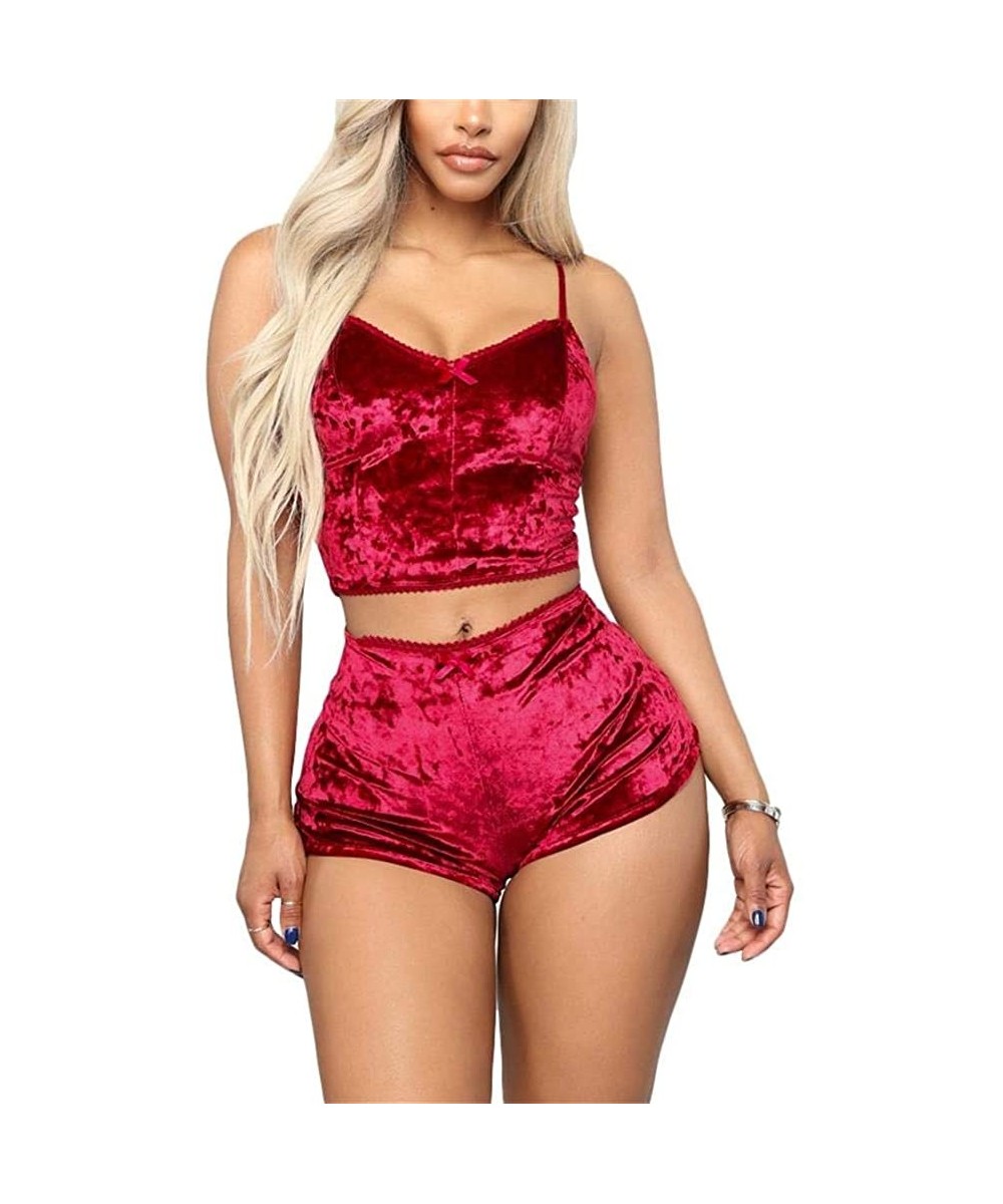 Sets Women's 2 Piece Outfit Velvet Sexy Spaghetti Strap Sleeveless Crop Top and Shorts Pajamas Sleepwear Set - Red - CA18NEZ7D0K