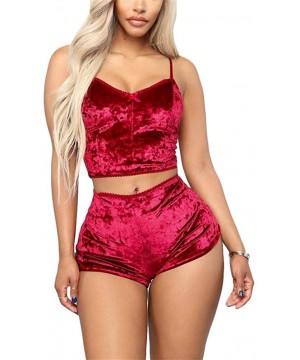 Sets Women's 2 Piece Outfit Velvet Sexy Spaghetti Strap Sleeveless Crop Top and Shorts Pajamas Sleepwear Set - Red - CA18NEZ7D0K