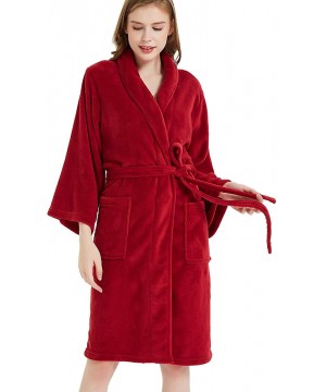 Robes Women's Pure Color Fleece Long Robe Warm Bathrobe Loungewear Nightgown - Red - CN18UT83K5Y