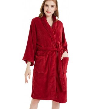 Robes Women's Pure Color Fleece Long Robe Warm Bathrobe Loungewear Nightgown - Red - CN18UT83K5Y