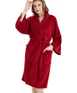 Robes Women's Pure Color Fleece Long Robe Warm Bathrobe Loungewear Nightgown - Red - CN18UT83K5Y