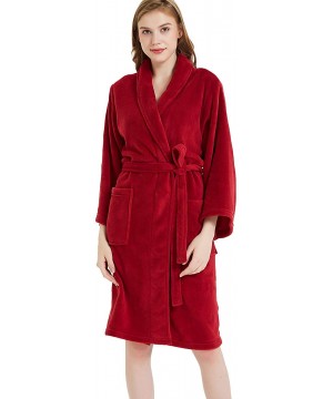 Robes Women's Pure Color Fleece Long Robe Warm Bathrobe Loungewear Nightgown - Red - CN18UT83K5Y