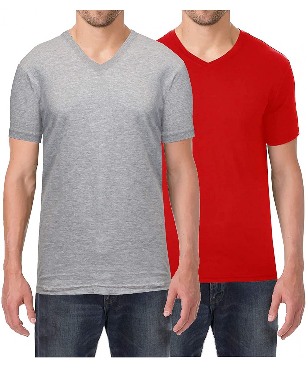 Undershirts Men's Short Sleeve V-Neck Cotton Stretch Tees - Heather Grey - Red - CY18WSUMOSU