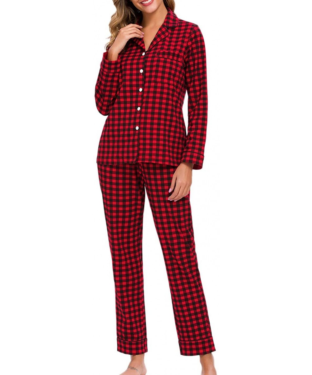 Sets Cotton Pajamas for Women Long Sleeve Sleepwear Set Button Down Loungewear XS-XL - Red Plaid - C218AI4RCO3