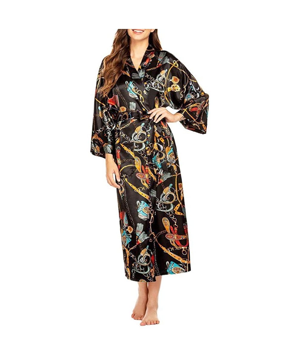 Robes Womens Silk Stain Robe Kimono Sleepwear Long Robe Household Bathrobe - Golden Chain - CY199985RWM