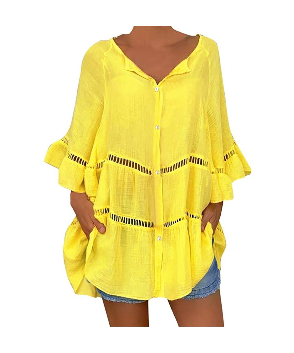 Thermal Underwear Women's Plus Size Solid Cotton and Linen Shirt Hollow Out V-Neck Pullover Tops - Yellow - C218YWIRX88