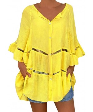 Thermal Underwear Women's Plus Size Solid Cotton and Linen Shirt Hollow Out V-Neck Pullover Tops - Yellow - C218YWIRX88