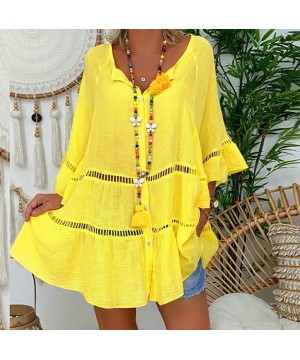 Thermal Underwear Women's Plus Size Solid Cotton and Linen Shirt Hollow Out V-Neck Pullover Tops - Yellow - C218YWIRX88