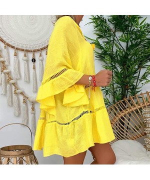 Thermal Underwear Women's Plus Size Solid Cotton and Linen Shirt Hollow Out V-Neck Pullover Tops - Yellow - C218YWIRX88